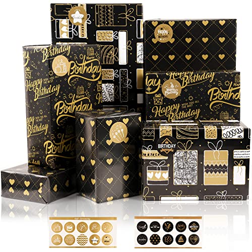 MAMUNU Geschenkpapier Geburtstag, 6 Blatt Schwarz Gold Geschenkpapier mit Aufklebern, Schwarzes Gold Geschenkverpackung Papier für Geburtstag Abschlussfeiern Valentinstag Babyparty,70x 50cm