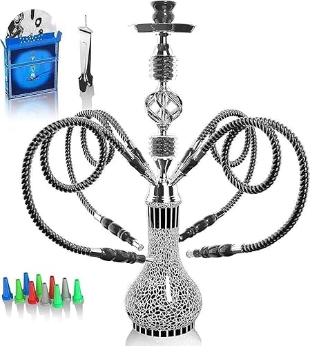 Shisha Komplettset mit 4 Schläuchen, 22'' Großes Shisha Kit für bis zu 4 Personen mit allem inklusive, Keramikschüssel | Premium-Schlauch| Schöne Glasvase (Schwarz ME5)